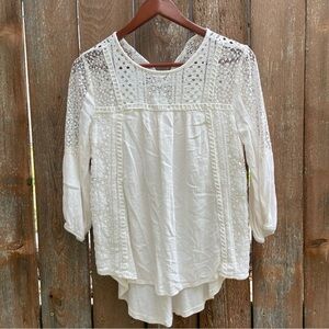 KNOX ROSE Women’s Cream Lace Boho 3/4 Sleeve Women's Top Blouse Size XS